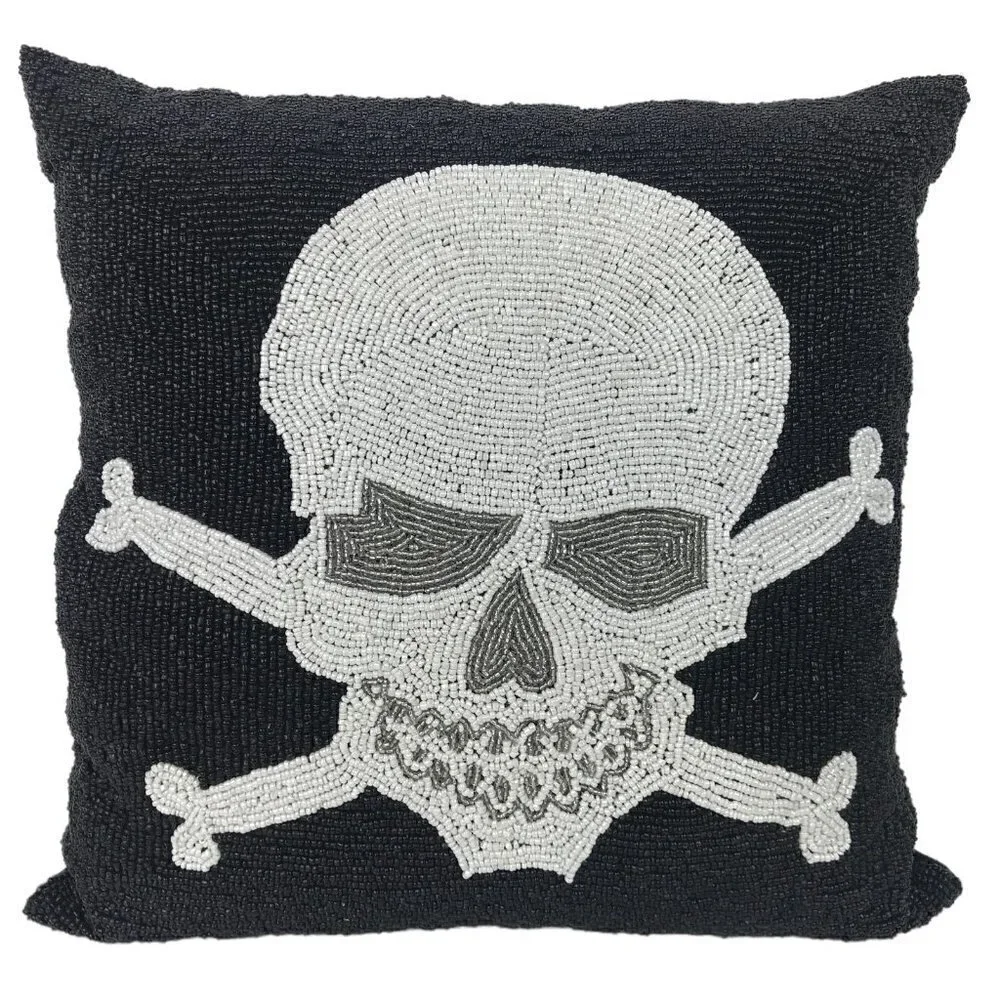 Poison Skull & Crossbones Decorative Throw Pillow Black White Beaded Goth Death
